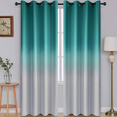 Teal to Grey White Ombre Room Darkening Curtains 96 Inch (52"W x 96"L (Pack of 2) / Teal to Grayish White)