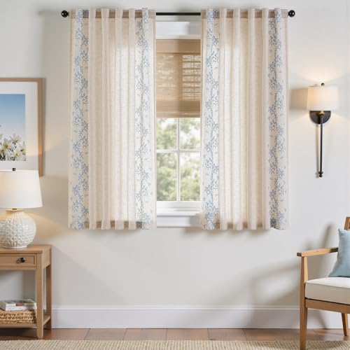 Floral Linen Curtains 63 Inch Farmhouse Back Tab 2 Panels (Vine | Sky Blue / 50"W x 63"L (Pack of 2))