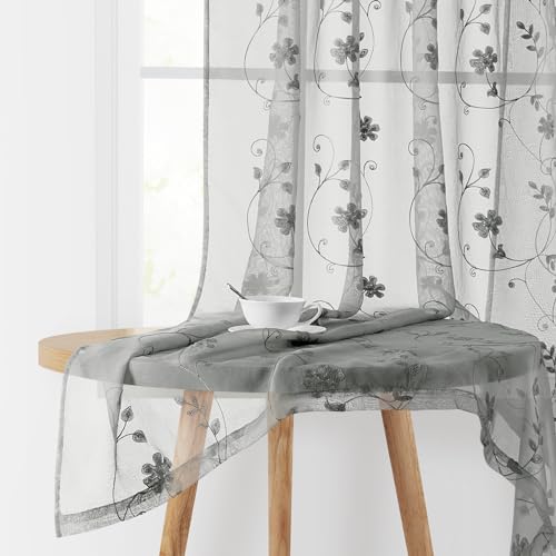 Grey Sheer Curtains 96 Inches Long 2 Panels Embroidered Floral Pattern Semi Sheer Window Curtains for Bedroom Living Room (52"W x 96"L (Pack of 2) / Grey)