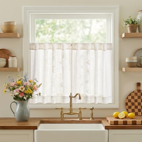 White Floral Linen Kitchen Tier Curtains 24 Inch (A| Off White / 26"W x 24"L (Pack of 2))