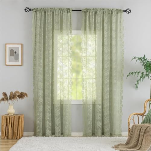 Vintage Lace Curtains 108 Inches Long (Sage Green / 52"W x 108"L (Pack of 2))