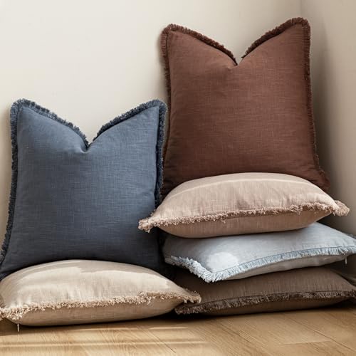 Decorative Linen Fringe Throw Pillow Covers 24×24 Inch (24" x 24" (Pack of 2) / Sky)