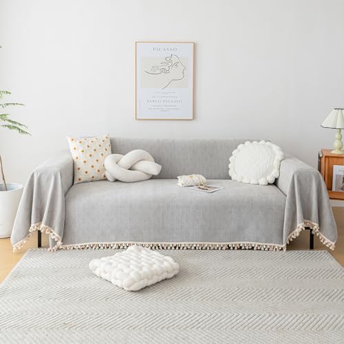 Grey Sofa Cover for Couch Boho Couch Cover for 3 Seat Couches Dog Couch Cover Love Seat Couch Covers Light Grey Sectional Cover 91" X134" Tassel Chenille Herringbone Sofa Covers (91" x 134" / Tassel Ball: Grey)