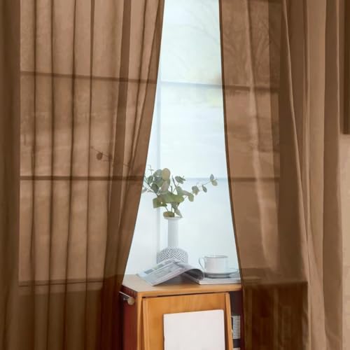 Solid Sheer Rod Pocket Curtain Voile Draperies 2 Panels White Beige Black Grey Coffee 52 Inch Width 84 Inch Long 1 Pair for Kitchen Bedroom Children Living Room Yard (Brown / 52"W x 84"L (Pack of 2))