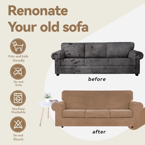 4 Pieces Couch Cover for Sofa Velvet Sofa Covers Washable (Large / Camel)