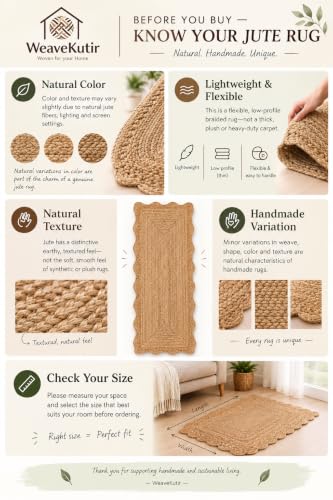 Natural Jute Scalloped Multi Size Area Rug Soft Textured Durable Easy Clean Low Pile Natural Fiber Rug for Dining Room Living Room Boho Bedroom (Natural / 3x4 Feet)