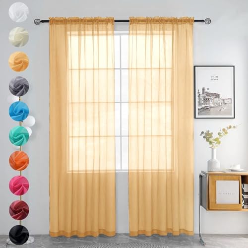 Solid Sheer Rod Pocket Curtain Voile Draperies 2 Panels White Beige Black Grey Coffee 52 Inch Width 45 Inch Long 1 Pair for Kitchen Bedroom Children Living Room Yard (Beige / 52"W x 45"L (Pack of 2))