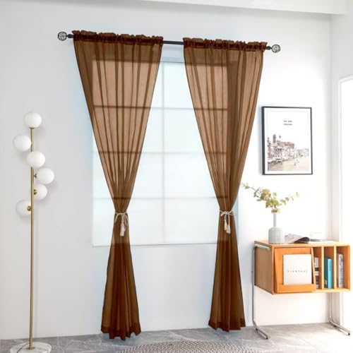 Solid Sheer Rod Pocket Curtain Voile Draperies 2 Panels White Beige Black Grey Coffee 52 Inch Width 84 Inch Long 1 Pair for Kitchen Bedroom Children Living Room Yard (Brown / 52"W x 84"L (Pack of 2))