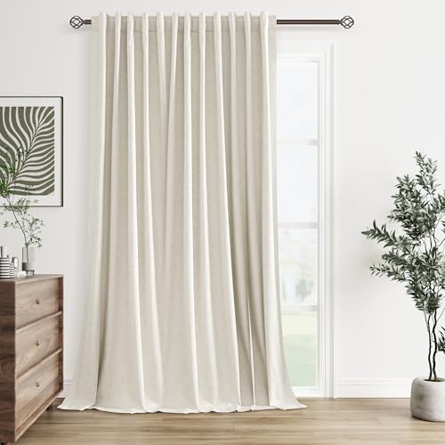 Extra Wide 100% Blackout Linen Curtains for Bedroom 96 Inch Long Ceiling to Floor 8 FT Natural Cream Black Out Curtain Back Tab Room Darkening Window Drapes 1 Panel Beige Ivory 100x96 (Cream / 100"W x 96"L (Pack of 1))