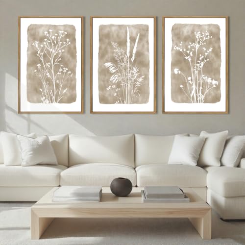 Beige Neutral Floral Canvas Wall Art 16x24 Inch Framed Brown Botanital Wall Decor Large Rustic Farmhouse Wildflower Artwork Boho Vintage Plant Art Prints Set of 3 for Living Room Bedroom Office (Beige Floral / 24"L x 16"W)