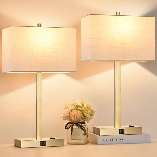 21" Touch Bedside lamps with 2 USB & AC Outlets (White Linen & Brass)