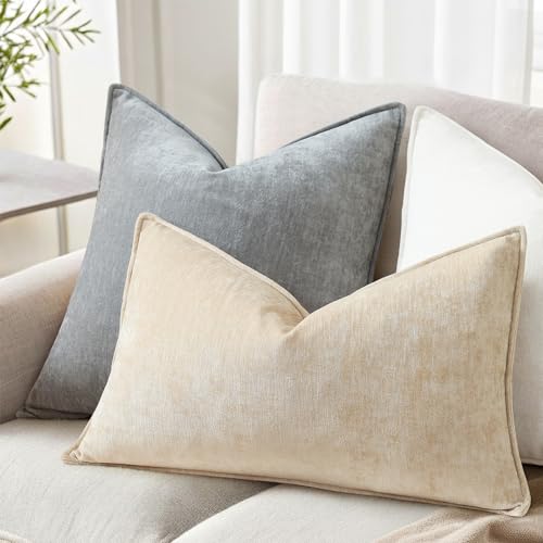 Chenille Beige Velvet Throw Pillow Covers 12x20 Set of 2 (Natural Beige / 20" x 12" (Pack of 2))