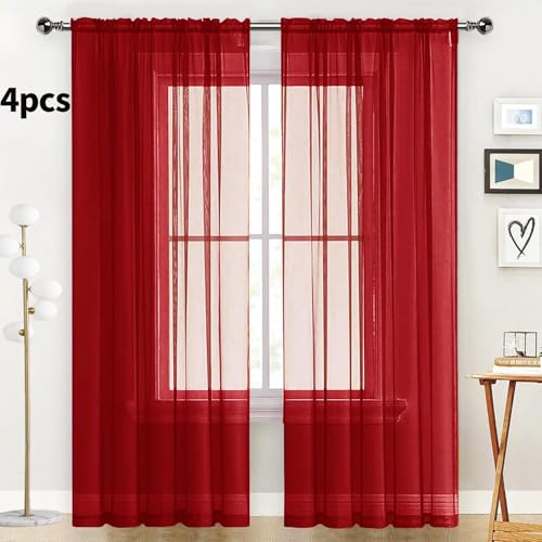 Christmas Red Sheer Curtains 4 Panels Rod Pocket Semi (Christmas Red / 52"W x 72"L (Pack of 4))