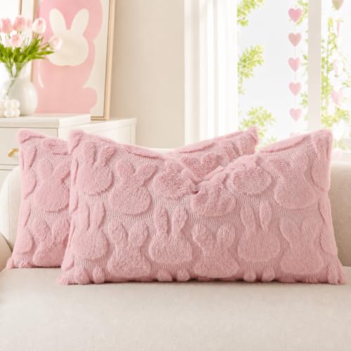 Pink Faux Fur Bunny Throw Pillow Covers 12x20 Set of 2 (20" x 12" (Pack of 2) / Rabbits Pink)