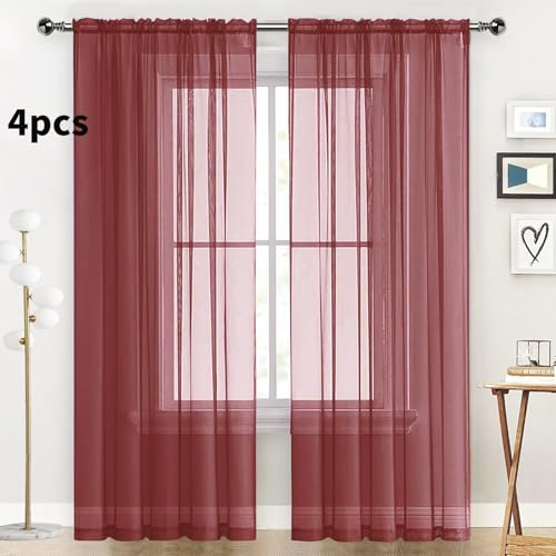 Burgundy Sheer Curtains 4 Panels Rod Pocket Semi (Burgundy / 52"W x 45"L (Pack of 4))