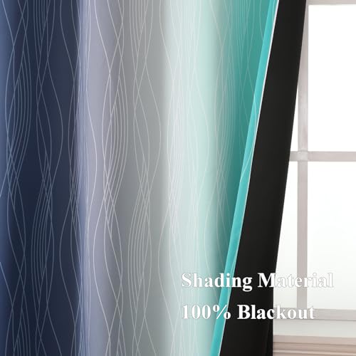 Navy Blue and Teal Gradient Blackout Curtains for Living Room 72 Inch Long (Navy Blue and Teal / 42"W x 72"L (Pack of 2))