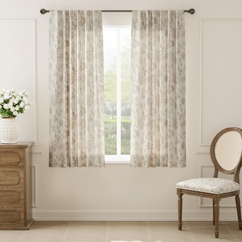 Taupe Floral Linen Curtains 63 Inch Vintage Back Tab 2 Panels (*Jacobean Taupe / 50"W x 63"L (Pack of 2))