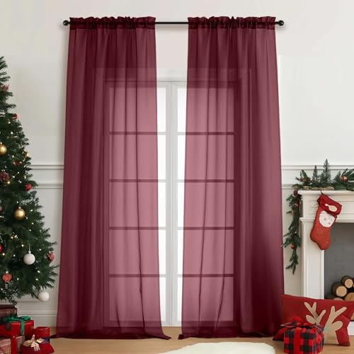 Sheer Curtains for Window 96 Inches Long 2 Panels Set (42"W x 96"L (Pack of 2) / Burgundy)