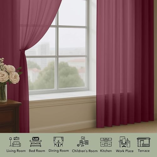 Sheer Curtains 2 Panels Set for Bedroom Living Room (Burgundy Wine / 59"W x 90"L (Pack of 2))