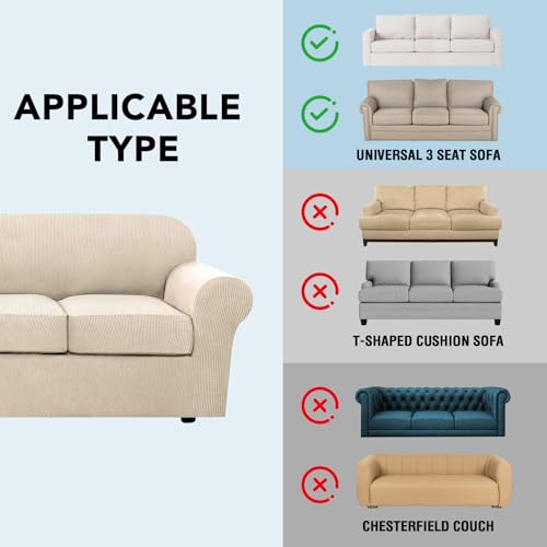 4 Piece Stretch Couch Covers for 3 Cushion Couch Sofa Furniture Slipcovers Feature Upgraded Thicker Jacquard Fabric (Large / Natural)