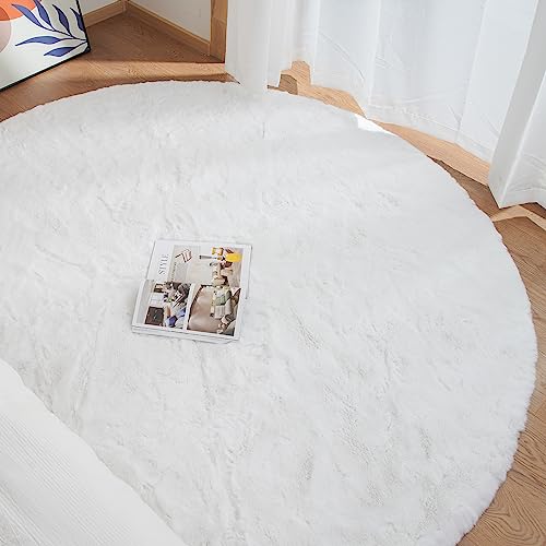 White Fluffy Round Rug 5ft for Bedroom Circle Faux Rabbit Washable Fur Area Rugs for Living Room Nursery Rug (5' (Round) / White)