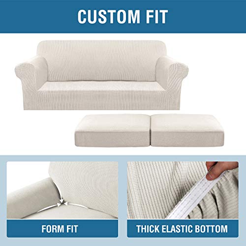 3 Piece Stretch Sofa Covers for 2 Cushion Sofa Couch Covers for Living Room Sofa Slipcovers (Medium-XL / Ivory)