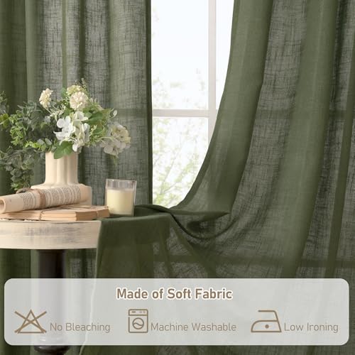 Olive Green Linen Semi Sheer Curtains 63 Inch for Bedroom 2 Panels (Olive Green / 38"W x 63"L (Pack of 2))