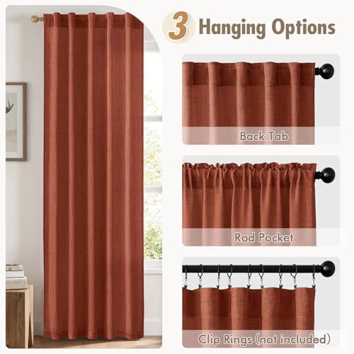 Fall Decor Burnt Orange Faux Linen Semi Sheer Curtains 84 Inches (Burnt Orange / 42"W x 84"L (Pack of 2))