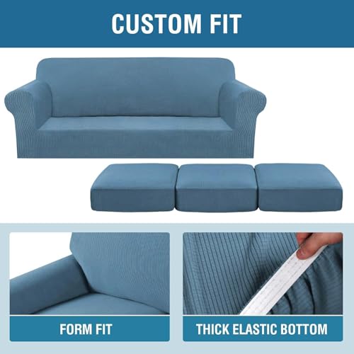 4 Piece Stretch Sofa Covers for 3 Cushion Couch Covers for Living Room Furniture Slipcovers (Large Plus / Dusty Blue)