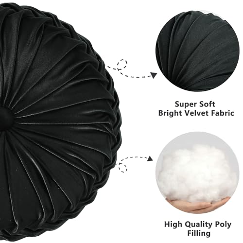 Set of 2 Black Velvet Decorative Round Pleated Throw Pillows (Black)