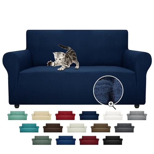 Super Stretch Couch Cover Love Seat Sofa Covers for Living Room Dogs Pet Friendly Furniture Protector Spandex Loveseat Slipcovers with Anti Slip Foam Sticks (Navy Blue / Medium (57"-70"))