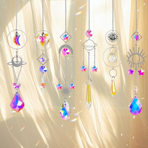 Sun Catchers 6Pieces Colorful Crystals Suncatcher with Chain (Silver New)
