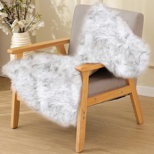 White and Grey Faux Fuzzy Fur Sheepskin Washable Area Rugs for Living Room 2x3 Boho Shag Nursery Rug Cute Home Décor (2' x 3' (Rectangular) / White With Grey Tips)