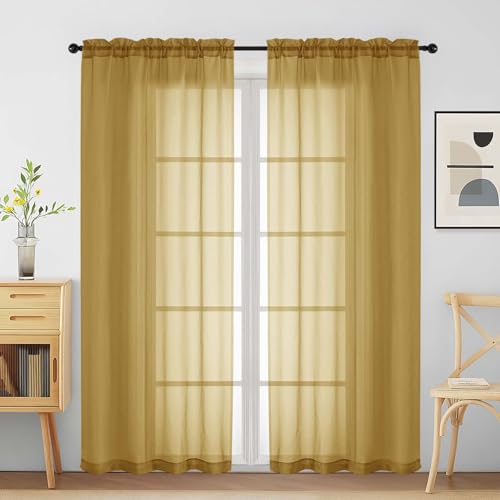 Gold Sheer Curtains for Window 72 inches Long 2 Panels Set (42"W x 72"L (Pack of 2) / Gold)