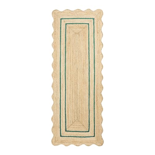 Wave Scalloped Jute Runner Handwoven Hallway Runner 2'6"x8'Emerald Green (2'6"x8' / Emerald Green)