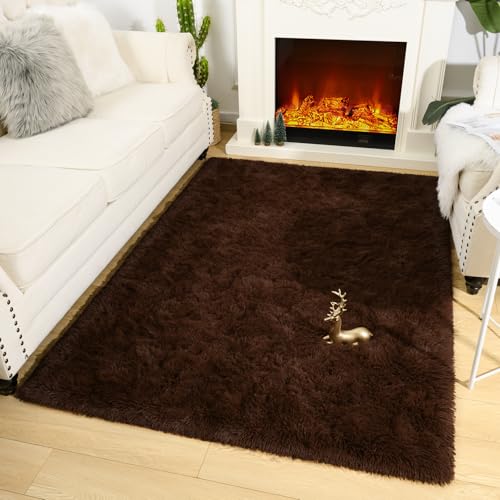 Shag Fluffy Area Rug for Bedroom Girls Living Room (5'3" x 7'7" (Rectangular) / Brown)