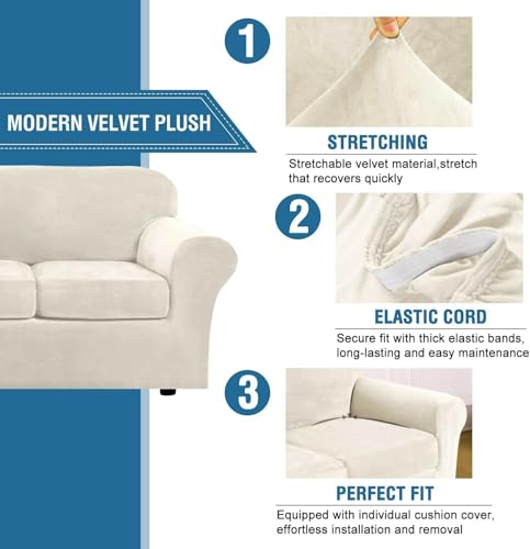 Real Velvet Plush 3 Piece Stretch Sofa Covers Couch Covers for 2 Cushion Couch Sofa Slipcovers Width Up to 90 Inch Feature Thick Soft Stay in Place (2 Cushion Sofa / Ivory)