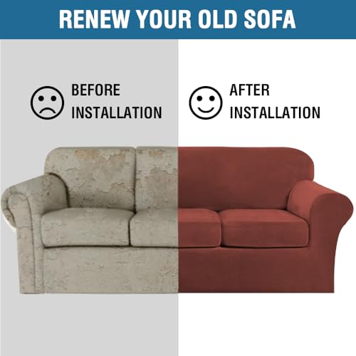 Modern Velvet Plush 4 Piece High Stretch Sofa Slipcover Sofa Cover Furniture Protector Form Fit Luxury Thick Velvet Sofa Cover for 3 Cushion Couch (3 Cushion Sofa / Rust)