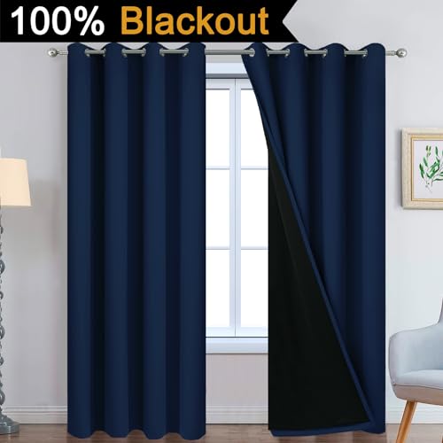Navy Blue 100% Blackout Curtains 90 Inches Long 52" Wide (52"W x 90"L (Pack of 2) / Navy Blue)