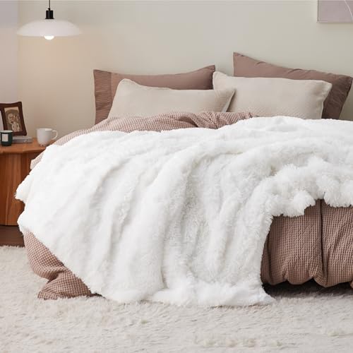 Faux Fur Fluffy Sherpa Fleece Queen Bed Blanket White 60"x80" (08- White / Queen (90" X 90"))