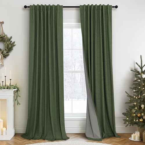 Olive Green Blackout Curtains 84 Inches Long 2 Panels Linen Boho Black Out Dark Green Forest Curtains for Living Room Bedroom Windows Darkening Insulated Thermal Drapes 84 Length Christmas Decorations (Olive Green / 52"W x 84"L (Pack of 2))