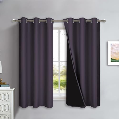100% Blackout Short Curtains with Black Liners (Greyish Purple / 37"W x 40"L (Pack of 2))