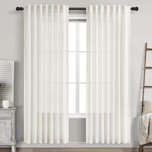 Beige White Linen Curtains 80 Inch Long for Bedroom Back Tab (52"W x 80"L (Pack of 2) / Beige White)