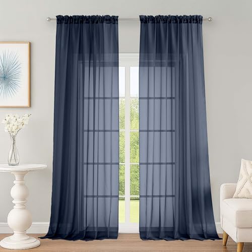 Extra Long Navy Blue Sheer Curtains 96 Inches Long 2 Panels Set (Navy Blue / 59"W x 96"L (Pack of 2))