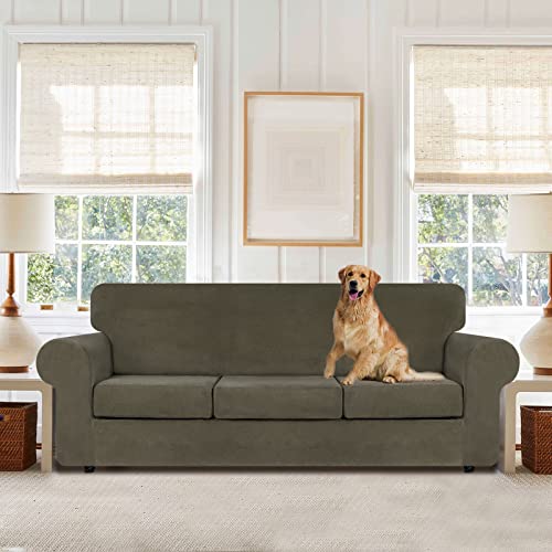 4 Piece Couch Cover for Sofa Velvet Sofa Cover Washable (Large / Light Brown)