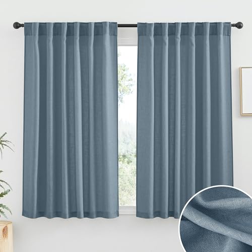 Short Linen Sheer Curtains for Small Kitchen Cafe Bathroom Window (Stone Blue / 52"W x 45"L (Pack of 2))