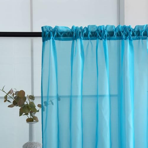 Basic Rod Pocket Sheer Voile Window Curtain Panels Cyan Blue 1 Pair 2 Panels 52 Width 36 Inch Long for Kitchen Bedroom Children Living Room Yard（Cyan Blue (Cyan Blue / 52"W x 36"L (Pack of 2))