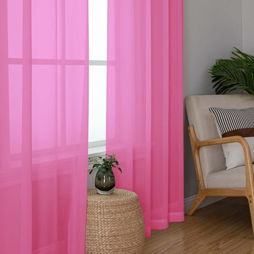 Hot Pink Short Sheer Curtains 45 Inch Length for Small Windows (Hot Pink / 42"W x 45"L (Pack of 2))