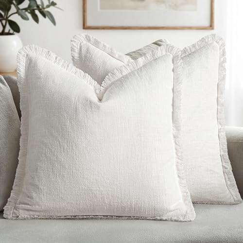 Boho Linen Fringe Decorative Throw Pillow Covers White 20x20 (20" x 20" (Pack of 2) / White)