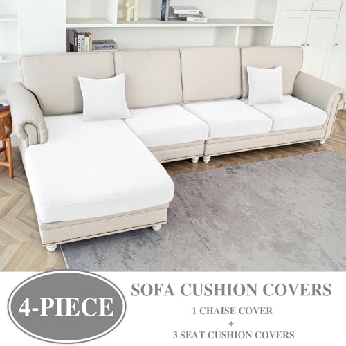 Couch Cushion Covers for Sectional Sofa L Shape Washable Separate Seat Chaise Couch Cover Stretch Sofa Slipcovers with 2 Pcs Pillowcases (White / Seat Only: 3 Seat + 1 Chaise)